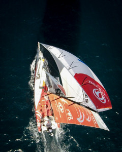 May 23, 2015. Leg 7 to Lisbon onboard Dongfeng Race Team. Day 06. Dongfeng in the high pressure, just after the jibe. "We were looking good after the jibe yesterday." Kevin Escoffier