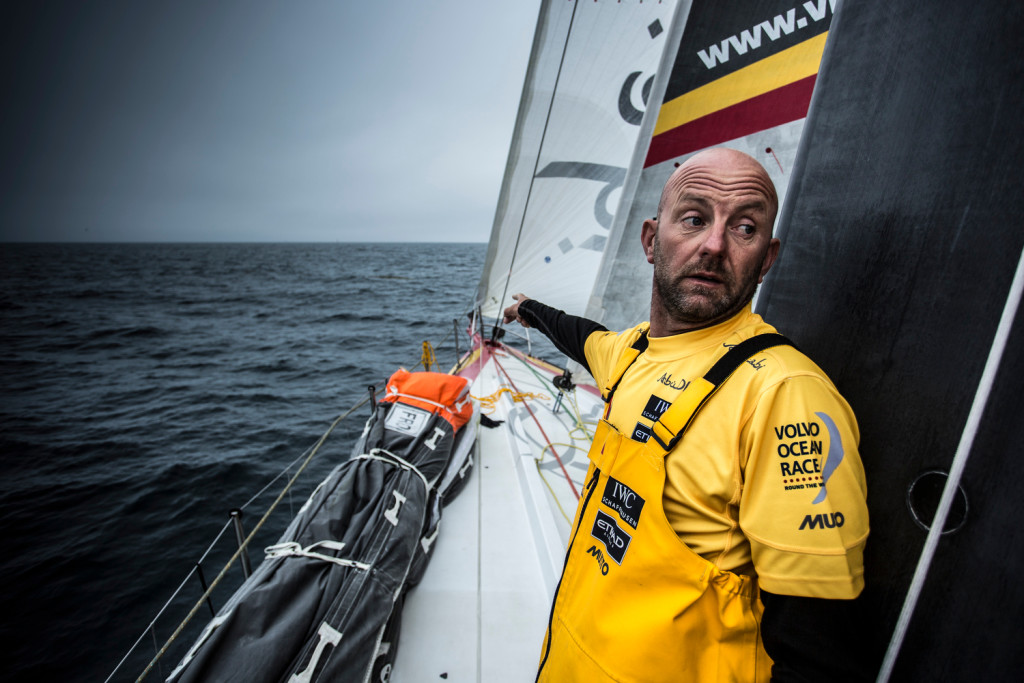 June 17, 2015. Leg 9 to Gothenburg onboard Abu Dhabi Ocean Racing. Day 1. Ian Walker on the lookout for patches of seaweed that crippled the boat's speed all day off the coast of France. Photo: Matt Knighton